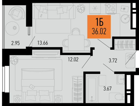 1-комнатная квартира №258 36,02 м2 от застройщика ГК ТОЧНО