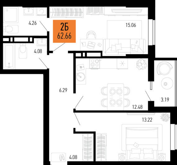 2-комнатная квартира №269 62,66 м2 от застройщика ГК ТОЧНО