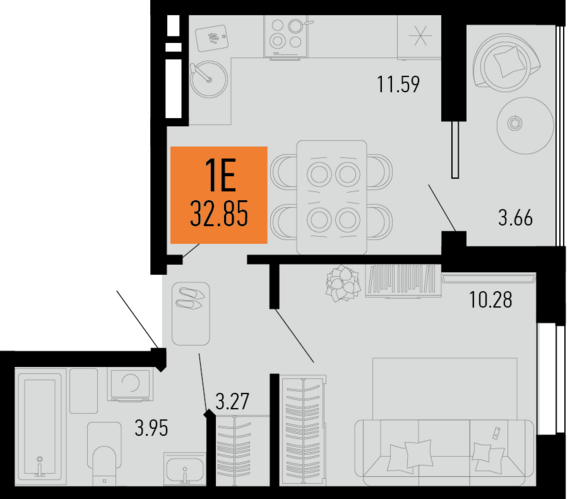 1-комнатная квартира №254 32,85 м2 от застройщика ГК ТОЧНО