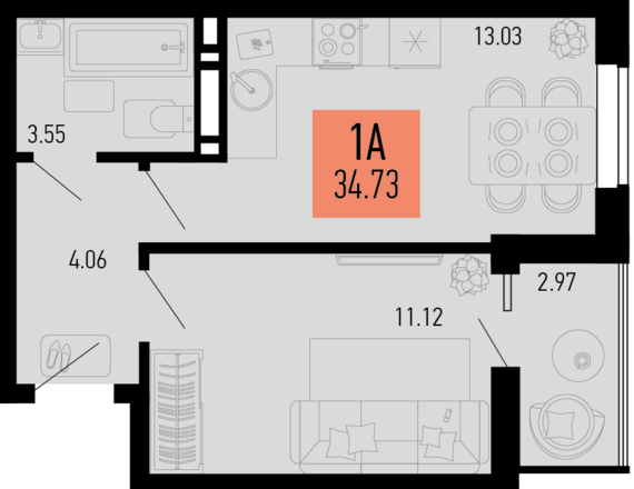 1-комнатная квартира №281 34,73 м2 от застройщика ГК ТОЧНО