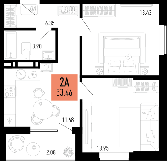 2-комнатная квартира №284 51,39 м2 от застройщика ГК ТОЧНО