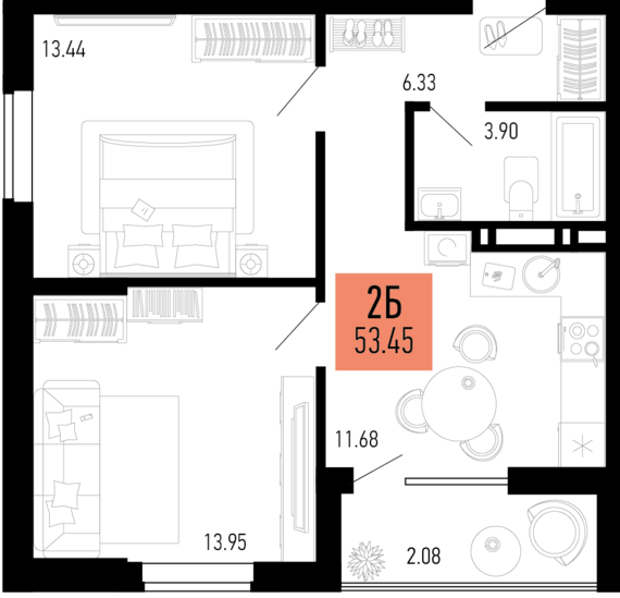 2-комнатная квартира №306 53,45 м2 от застройщика ГК ТОЧНО