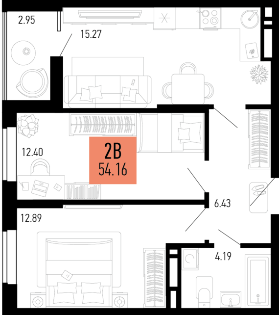 2-комнатная квартира №278 54,16 м2 от застройщика ГК ТОЧНО