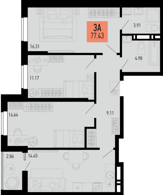 3-комнатная квартира №299 77,43 м2 от застройщика ГК ТОЧНО