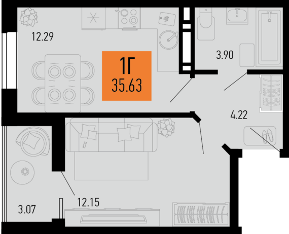 1-комнатная квартира №367 35,63 м2 от застройщика ГК ТОЧНО