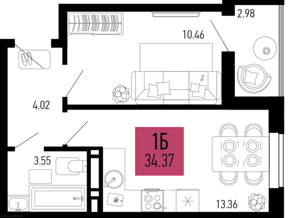 1-комнатная квартира №812 34,37 м2 от застройщика ГК ТОЧНО