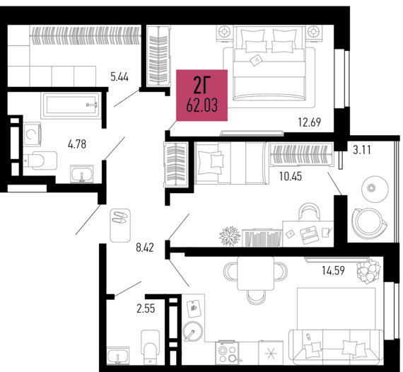 2-комнатная квартира №810 62,03 м2 от застройщика ГК ТОЧНО