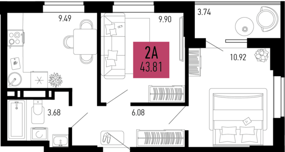 2-комнатная квартира №25 43,81 м2 от застройщика ГК ТОЧНО