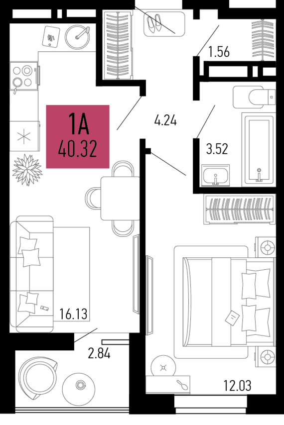 1-комнатная квартира №33 40,32 м2 от застройщика ГК ТОЧНО