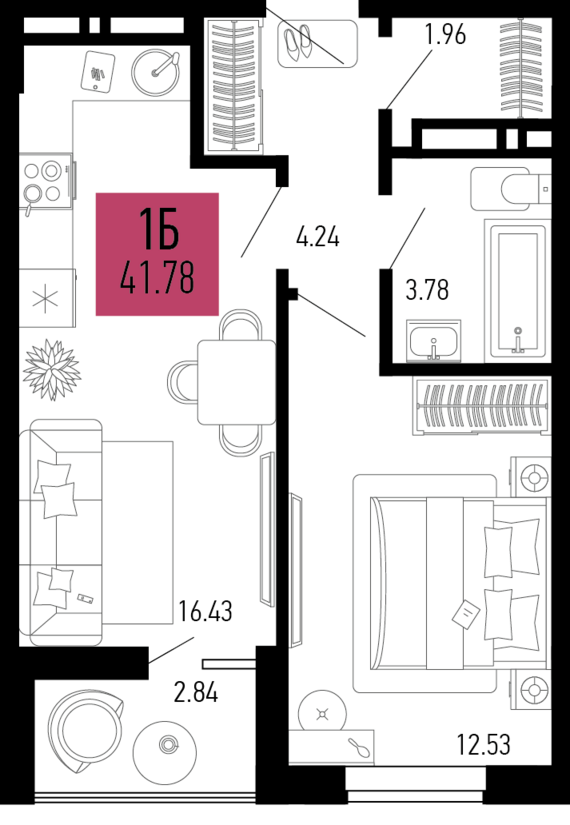 1-комнатная квартира №17 40,36 м2 от застройщика ГК ТОЧНО