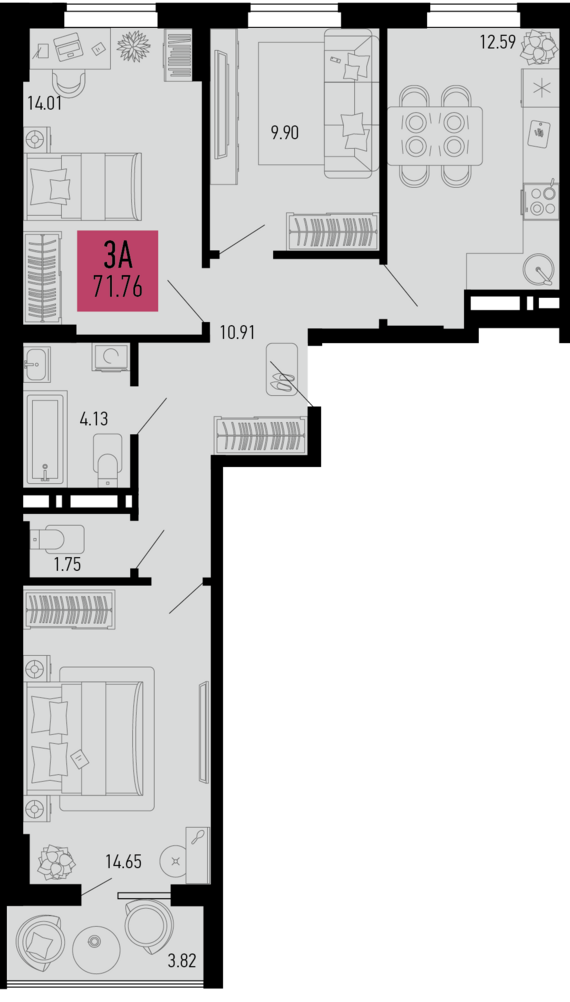 3-комнатная квартира №6 71,76 м2 от застройщика ГК ТОЧНО