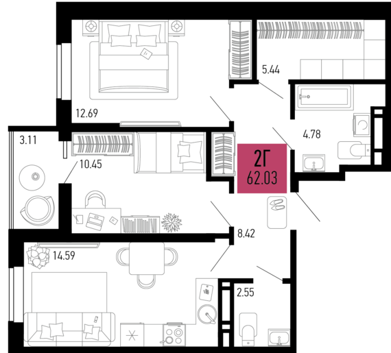 2-комнатная квартира №83 62,03 м2 от застройщика ГК ТОЧНО