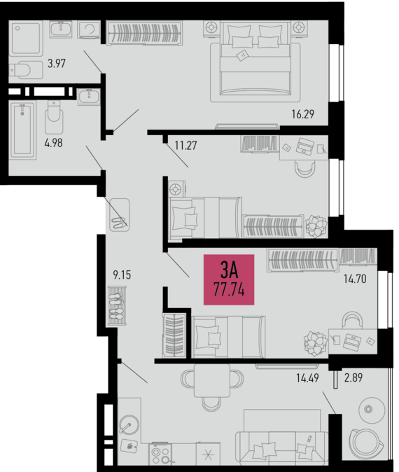 3-комнатная квартира №54 77,74 м2 от застройщика ГК ТОЧНО