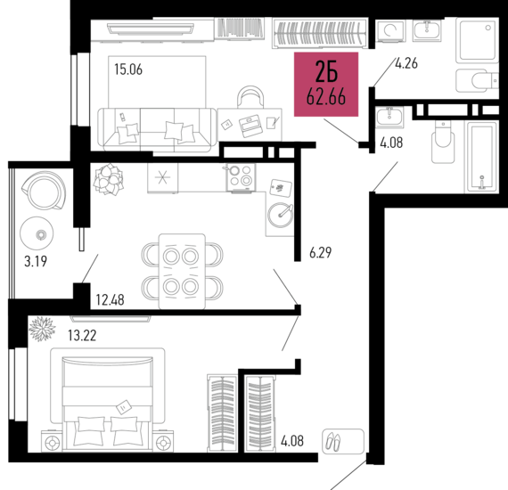 2-комнатная квартира №194 62,66 м2 от застройщика ГК ТОЧНО
