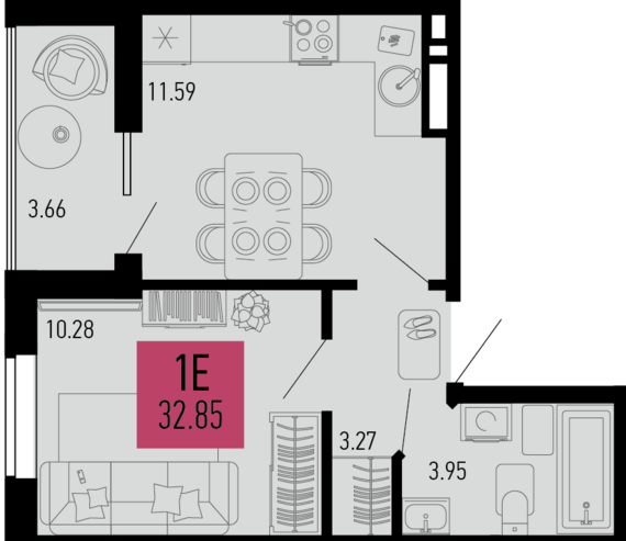 1-комнатная квартира №249 32,85 м2 от застройщика ГК ТОЧНО