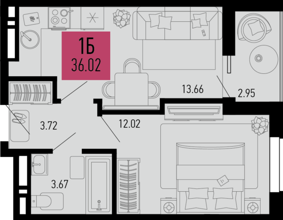 1-комнатная квартира №253 36,02 м2 от застройщика ГК ТОЧНО