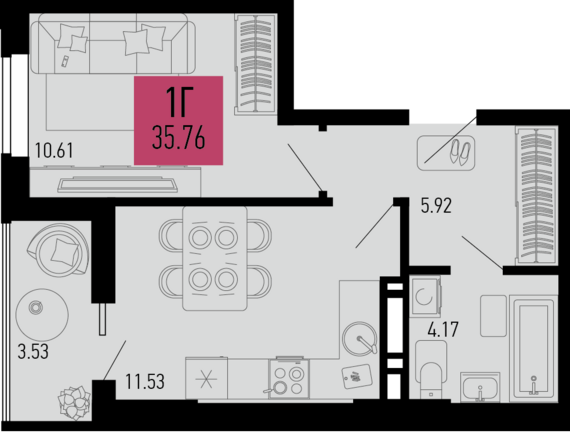 1-комнатная квартира №303 35,76 м2 от застройщика ГК ТОЧНО