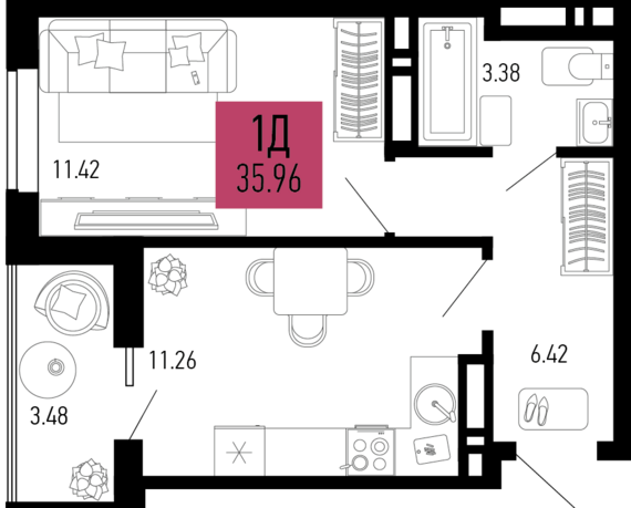 1-комнатная квартира №288 35,96 м2 от застройщика ГК ТОЧНО