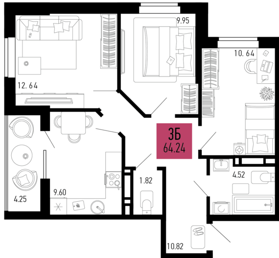 3-комнатная квартира №342 64,24 м2 от застройщика ГК ТОЧНО