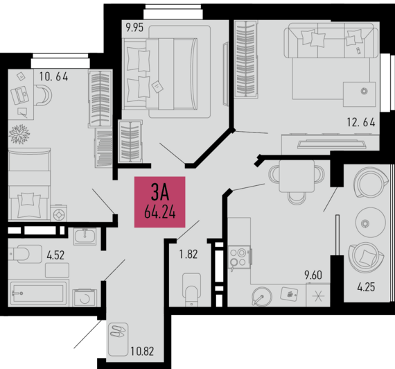 3-комнатная квартира №343 64,24 м2 от застройщика ГК ТОЧНО