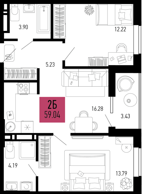 2-комнатная квартира №432 59,04 м2 от застройщика ГК ТОЧНО