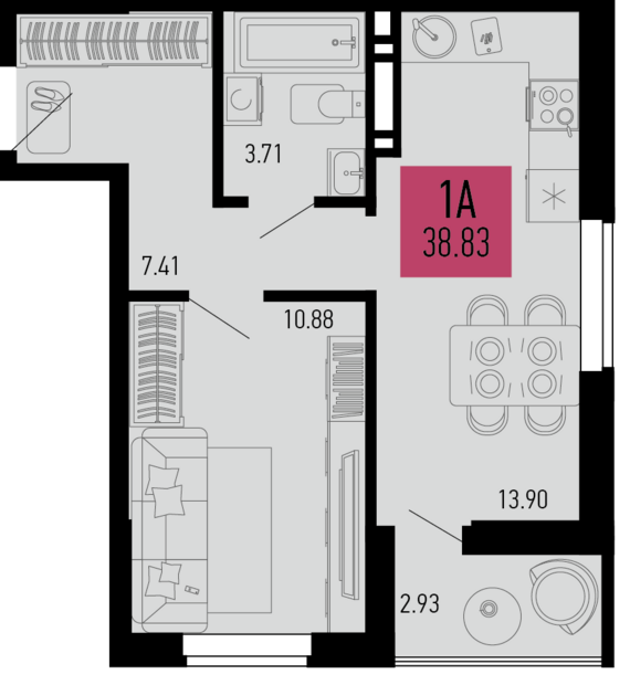 1-комнатная квартира №425 38,83 м2 от застройщика ГК ТОЧНО