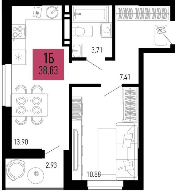 1-комнатная квартира №412 38,83 м2 от застройщика ГК ТОЧНО