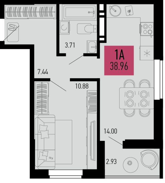 1-комнатная квартира №457 38,96 м2 от застройщика ГК ТОЧНО