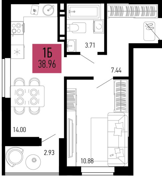 1-комнатная квартира №484 38,96 м2 от застройщика ГК ТОЧНО