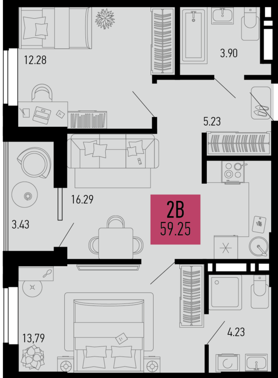 2-комнатная квартира №533 59,25 м2 от застройщика ГК ТОЧНО