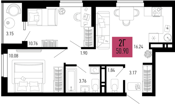 2-комнатная квартира №470 50,9 м2 от застройщика ГК ТОЧНО