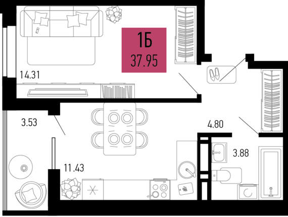 1-комнатная квартира №536 37,95 м2 от застройщика ГК ТОЧНО