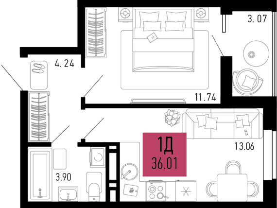 1-комнатная квартира №542 36,01 м2 от застройщика ГК ТОЧНО