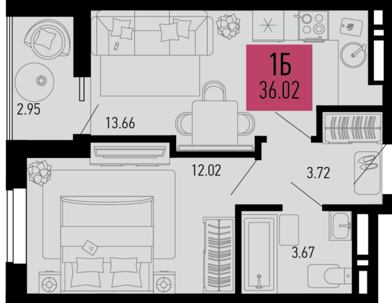 1-комнатная квартира №608 36,02 м2 от застройщика ГК ТОЧНО