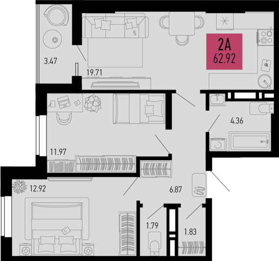 2-комнатная квартира №634 62,92 м2 от застройщика ГК ТОЧНО