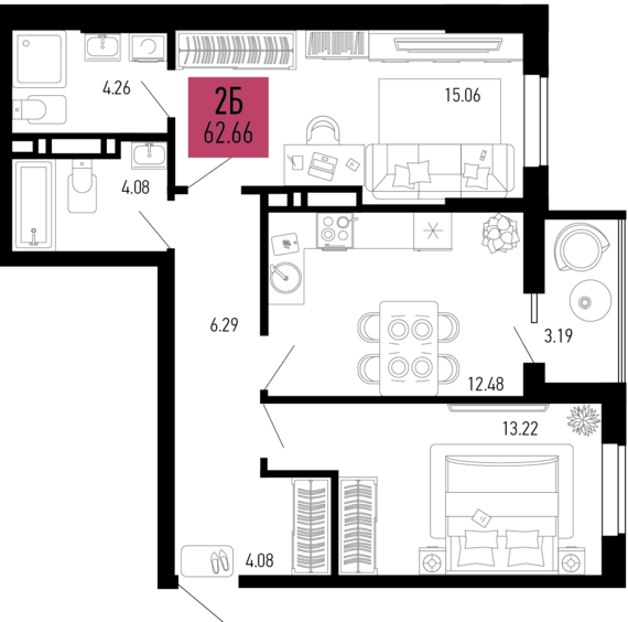 2-комнатная квартира №643 62,66 м2 от застройщика ГК ТОЧНО