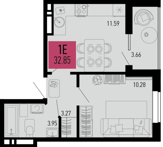 1-комнатная квартира №628 32,85 м2 от застройщика ГК ТОЧНО
