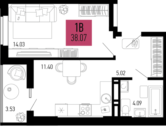 1-комнатная квартира №711 38,07 м2 от застройщика ГК ТОЧНО