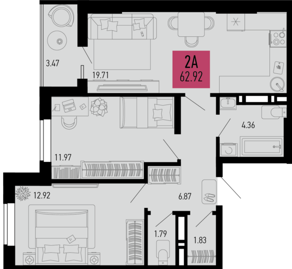 2-комнатная квартира №762 62,92 м2 от застройщика ГК ТОЧНО