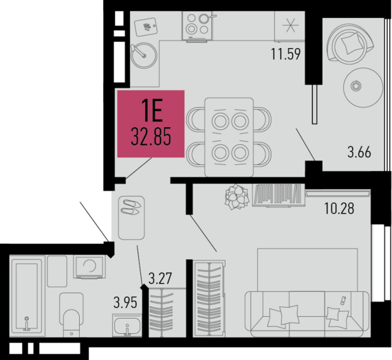 1-комнатная квартира №708 32,85 м2 от застройщика ГК ТОЧНО