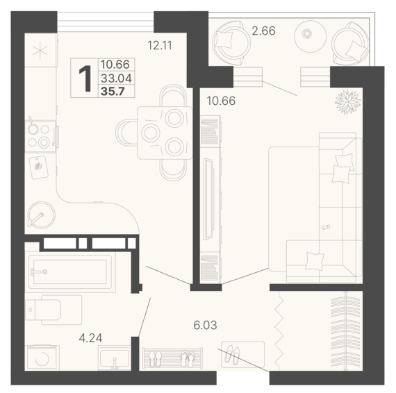 1-комнатная квартира №8 34,37 м2 от застройщика ГК ТОЧНО
