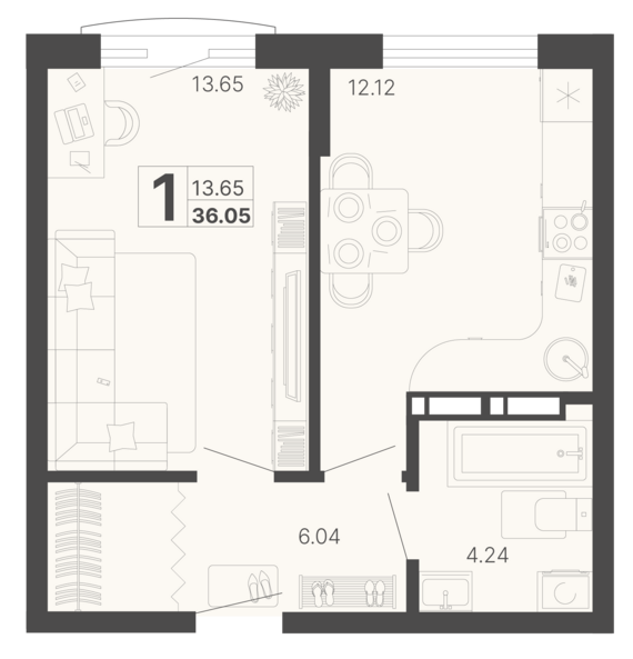 1-комнатная квартира №106 36,05 м2 от застройщика ГК ТОЧНО