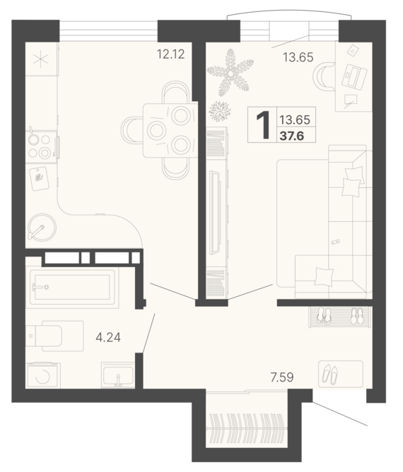1-комнатная квартира №95 37,6 м2 от застройщика ГК ТОЧНО