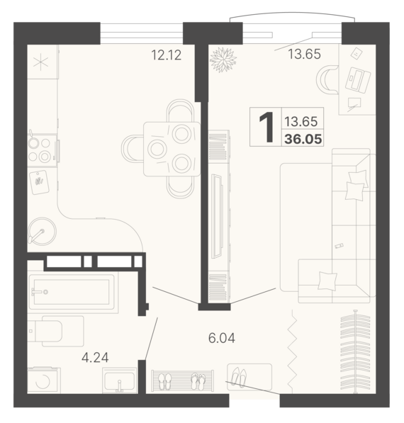 1-комнатная квартира №155 36,05 м2 от застройщика ГК ТОЧНО