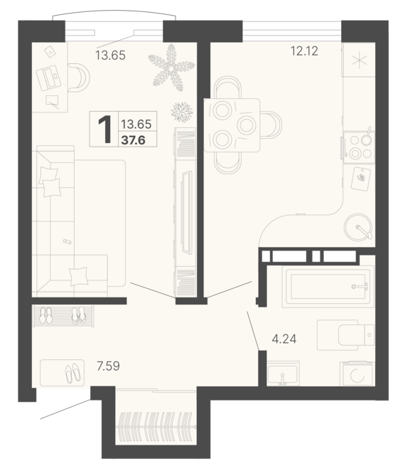 1-комнатная квартира №154 37,6 м2 от застройщика ГК ТОЧНО