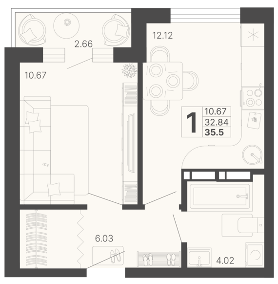 1-комнатная квартира №285 34,17 м2 от застройщика ГК ТОЧНО