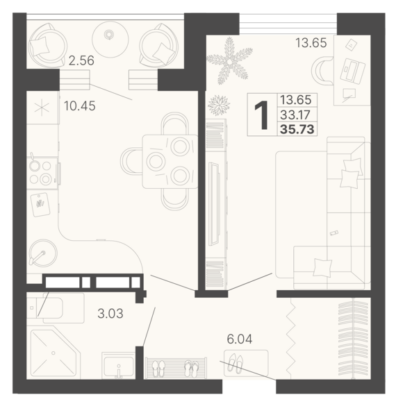 1-комнатная квартира №295 34,45 м2 от застройщика ГК ТОЧНО