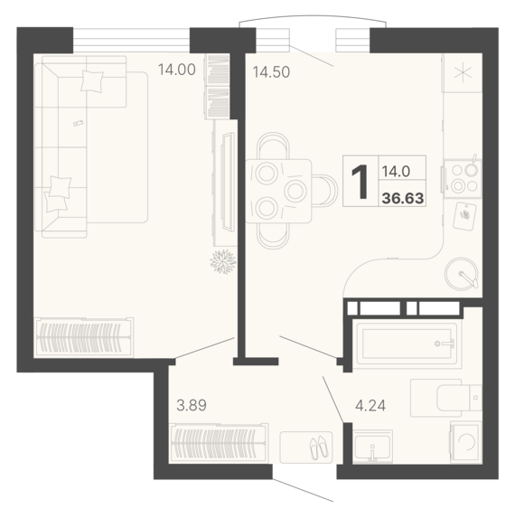 1-комнатная квартира №268 36,63 м2 от застройщика ГК ТОЧНО