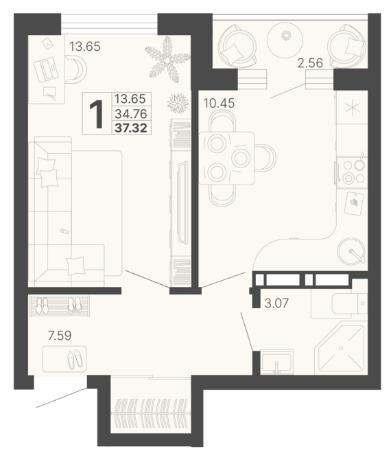 1-комнатная квартира №272 36,04 м2 от застройщика ГК ТОЧНО