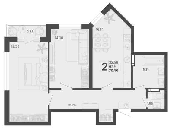 2-комнатная квартира №42 69,23 м2 от застройщика ГК ТОЧНО